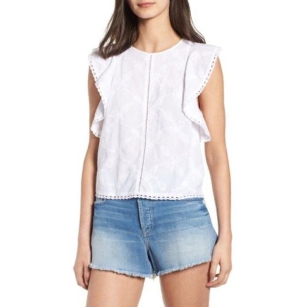 Hinge Flutter Sleeve Embroidered Cotton Top size Small in White